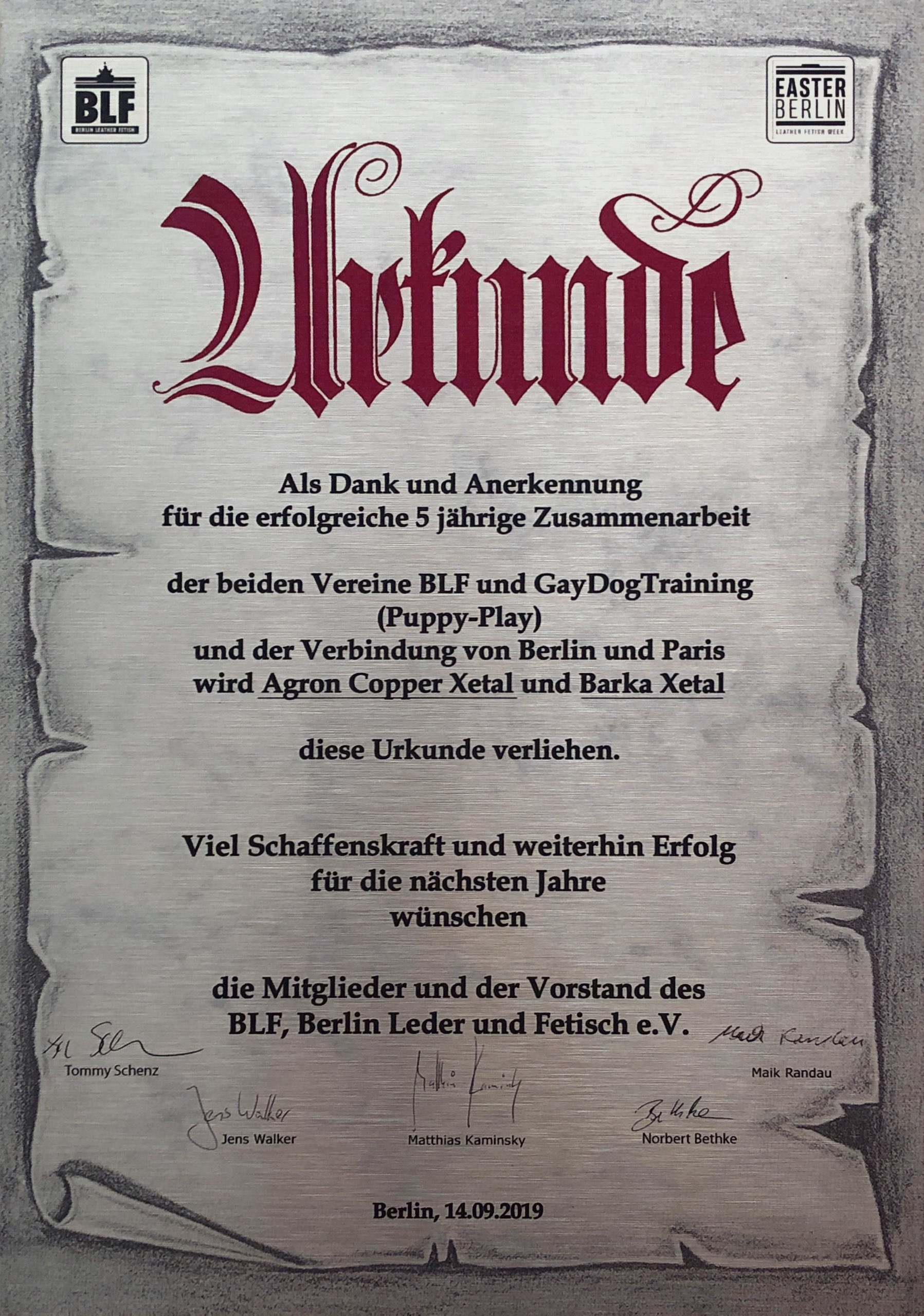 BLF engraved plaque awarded to GayDogTraining, Berlin, 14 September 2019.